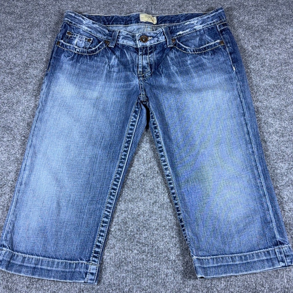 BKE Denim Women 32 Medium Wash Bermuda  Short Button Flap Pocket Distressed Blue